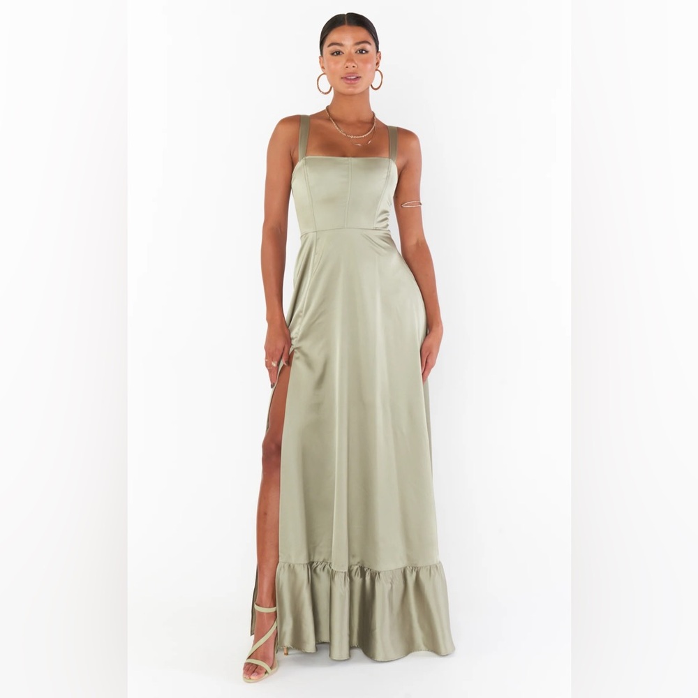 Show Me Your Mumu Clarissa Corset Dress in Moss Green Luxe Satin size XXS